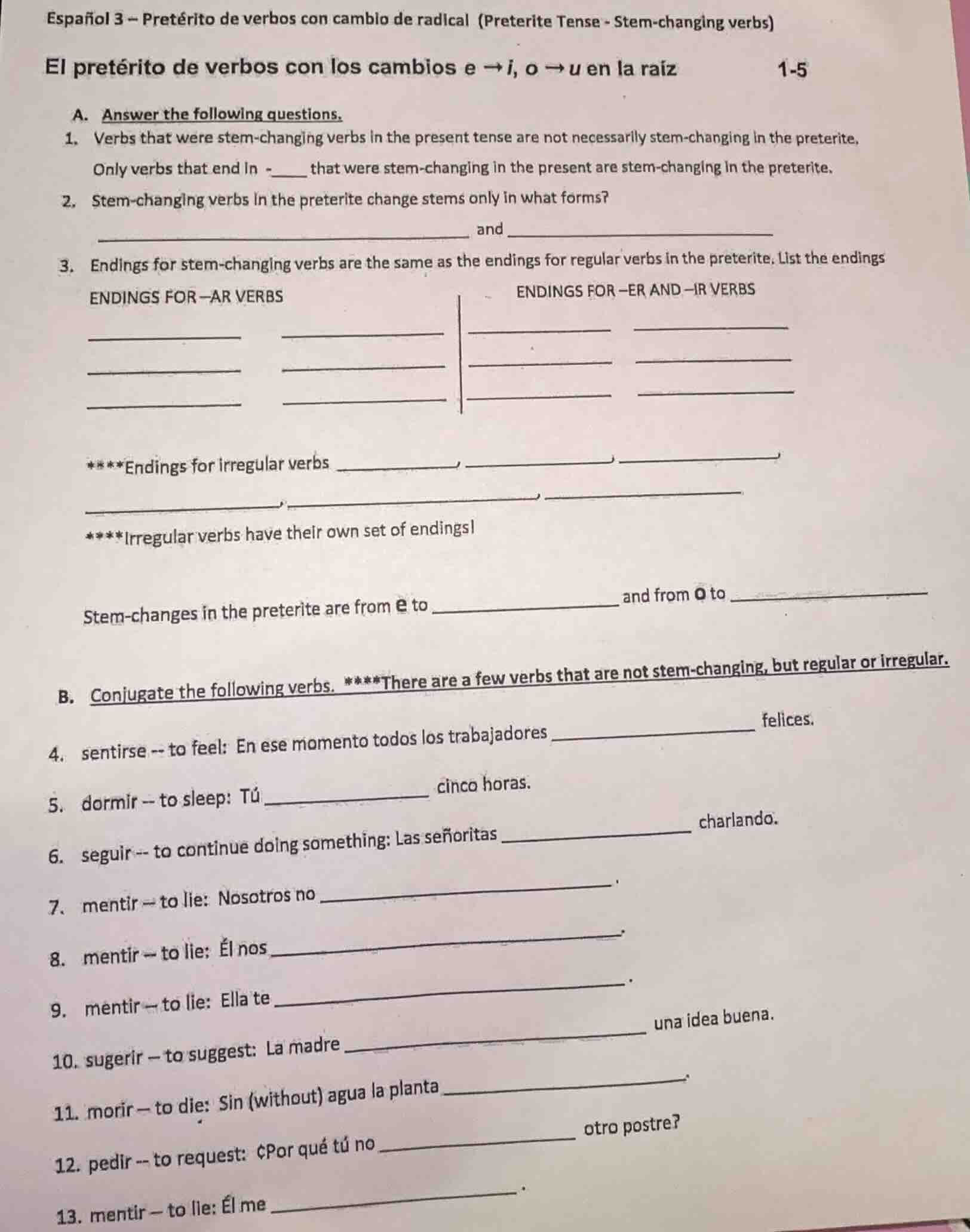 español 3 -- pretérito de verbos con cambio de radical (preterite tense…