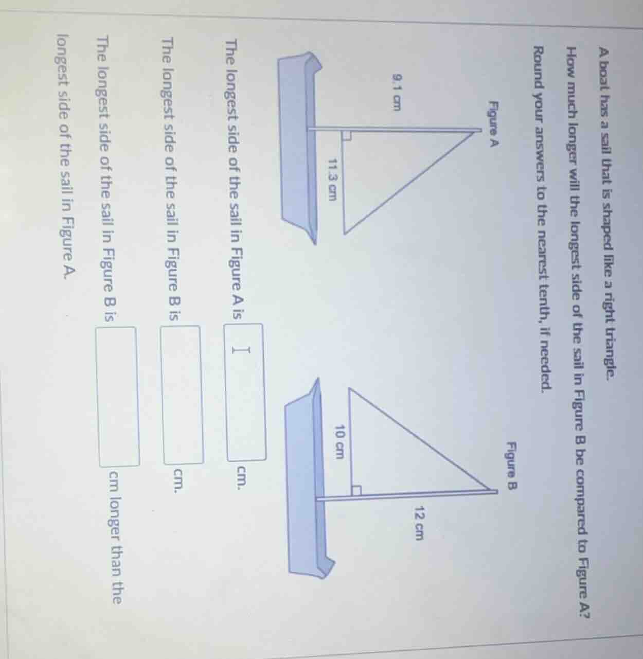 a boat has a sail that is shaped like a right triangle. how much longer…