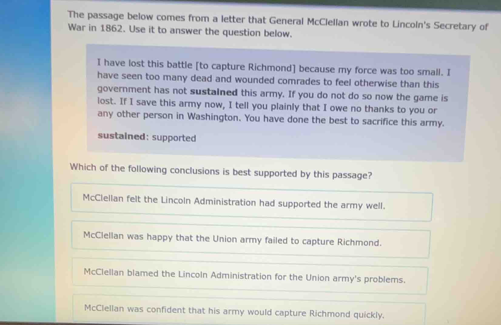 the passage below comes from a letter that general mcclellan wrote to l…