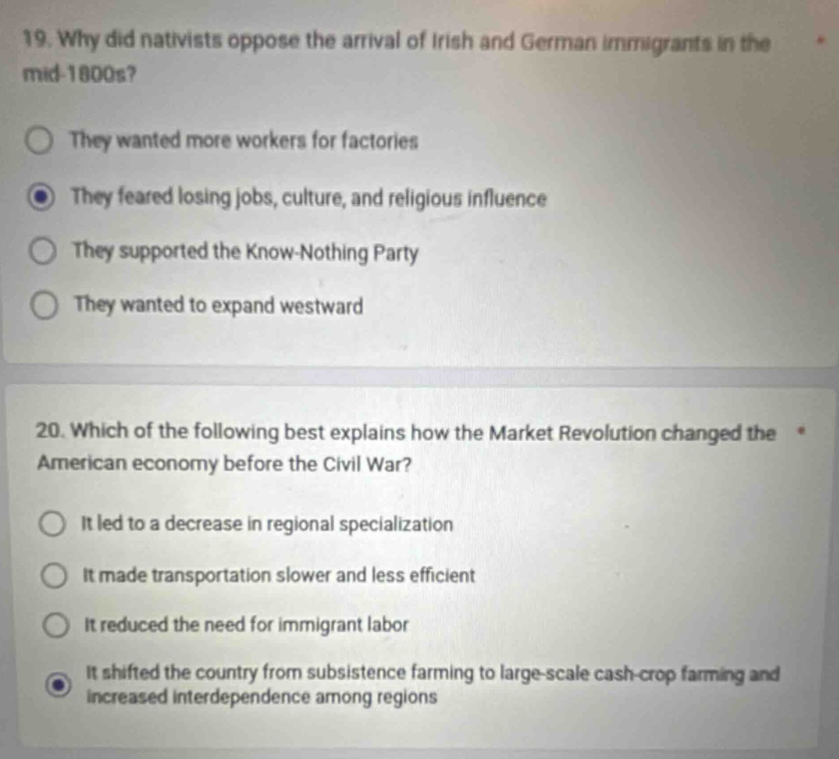 19. why did nativists oppose the arrival of irish and german immigrants…