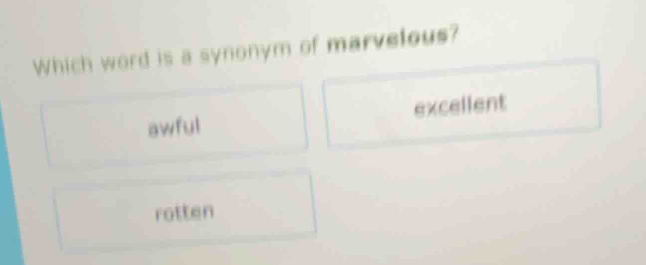 which word is a synonym of marvelous? awful excellent rotten