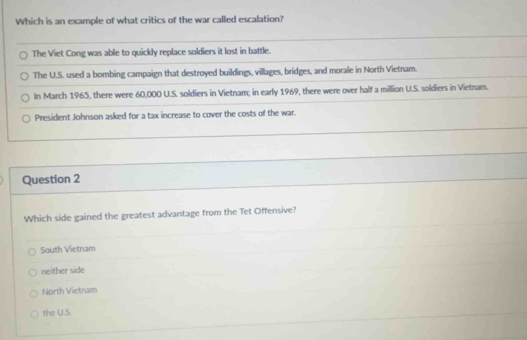 which is an example of what critics of the war called escalation? the v…