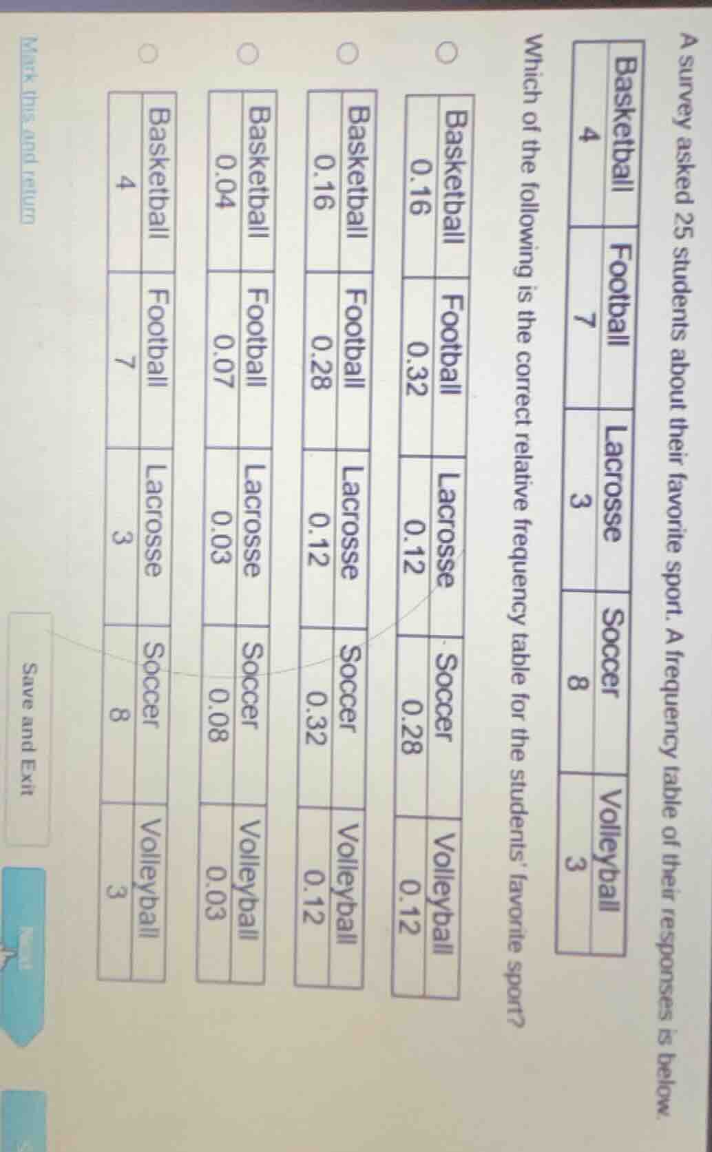 a survey asked 25 students about their favorite sport. a frequency tabl…