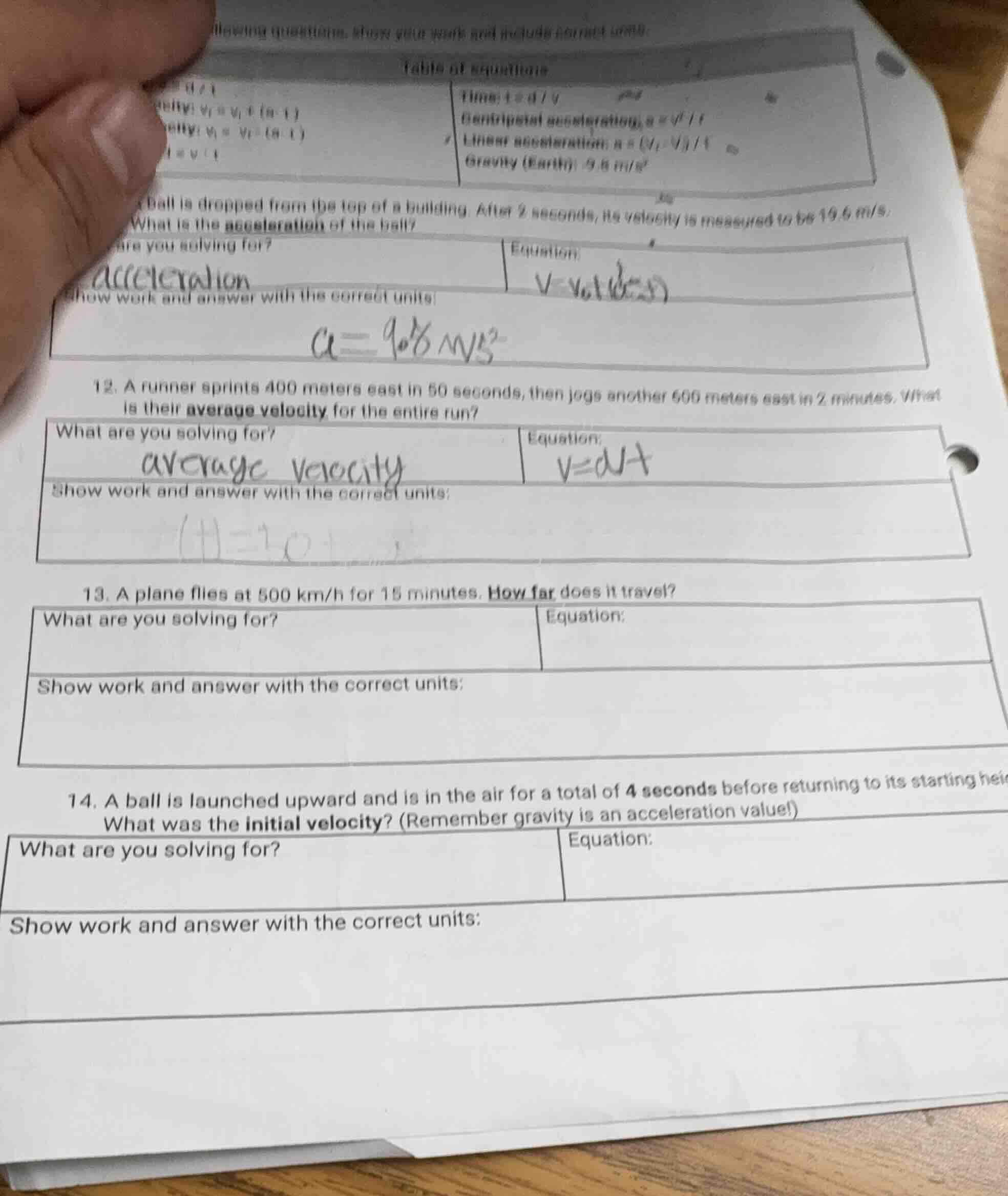 llowing questions. show your work and include correct units. table of e…