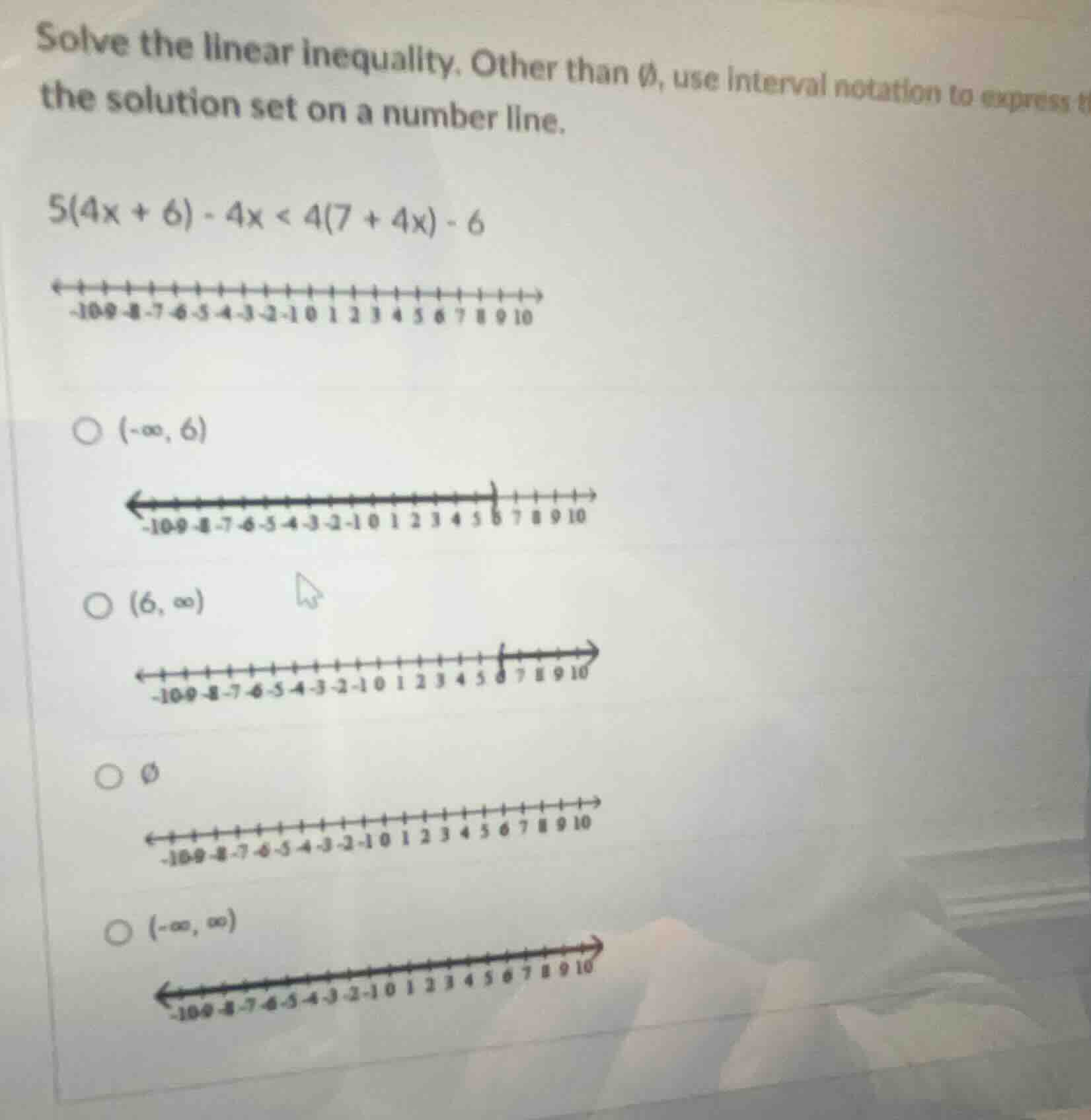 solve the linear inequality. other than ∅, use interval notation to exp…