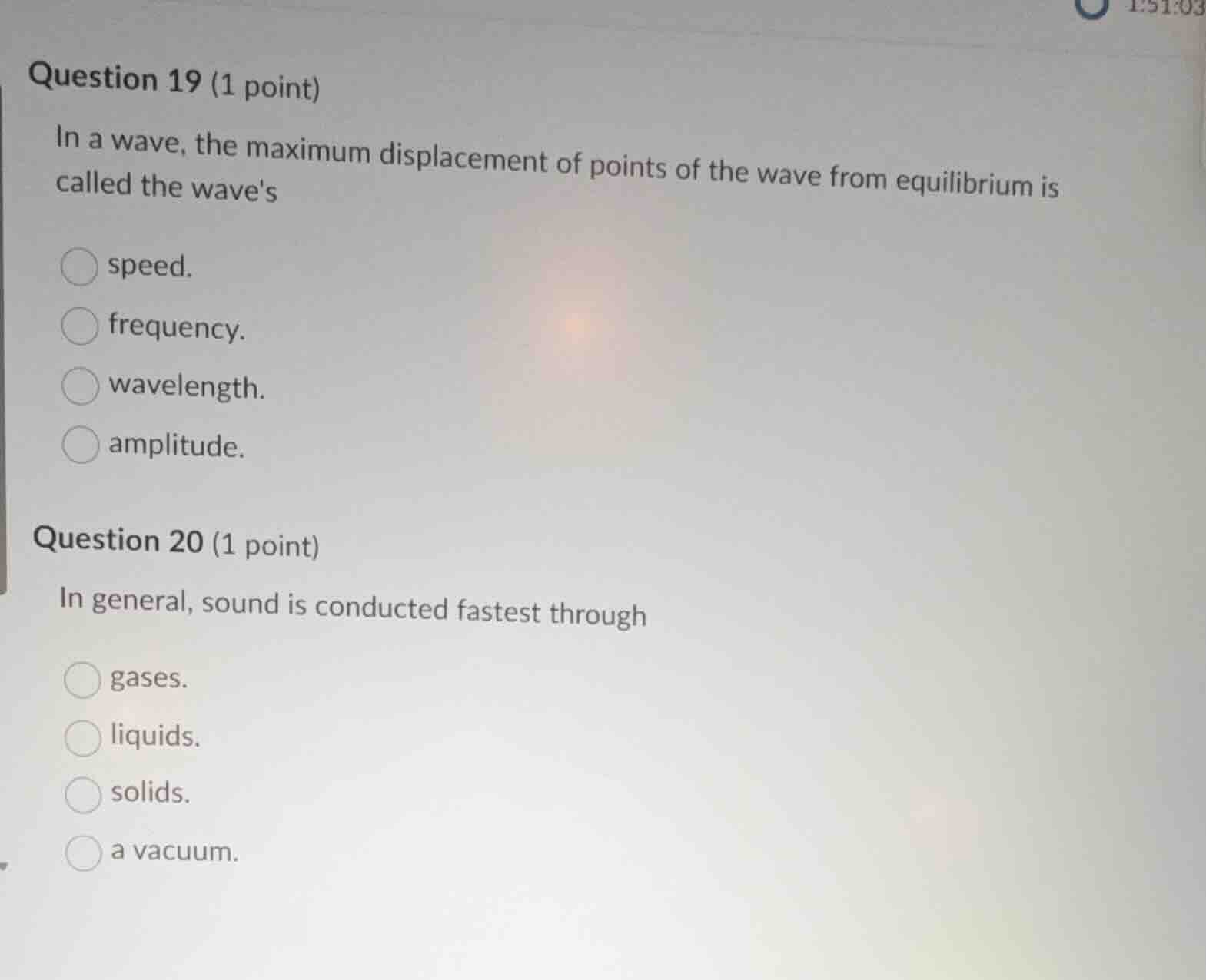 question 19 (1 point) in a wave, the maximum displacement of points of …