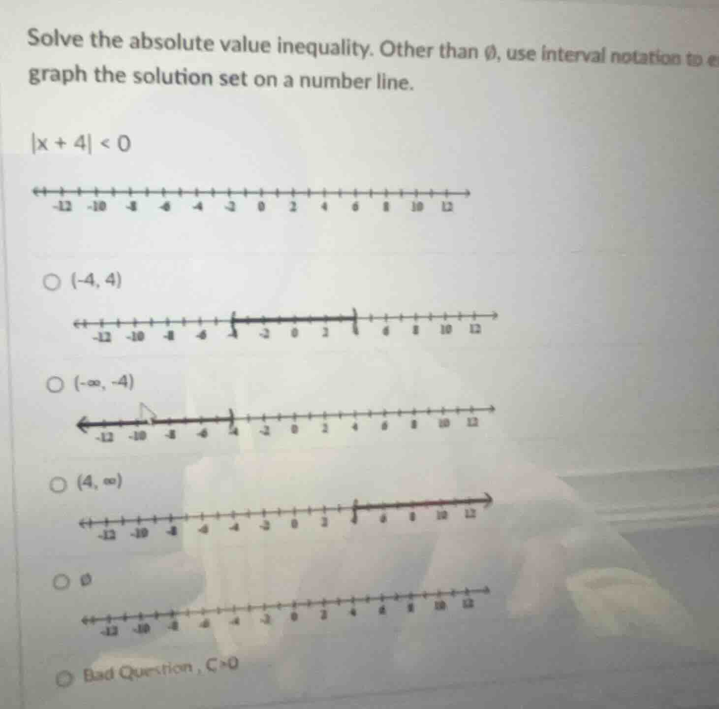 solve the absolute value inequality. other than ∅, use interval notatio…