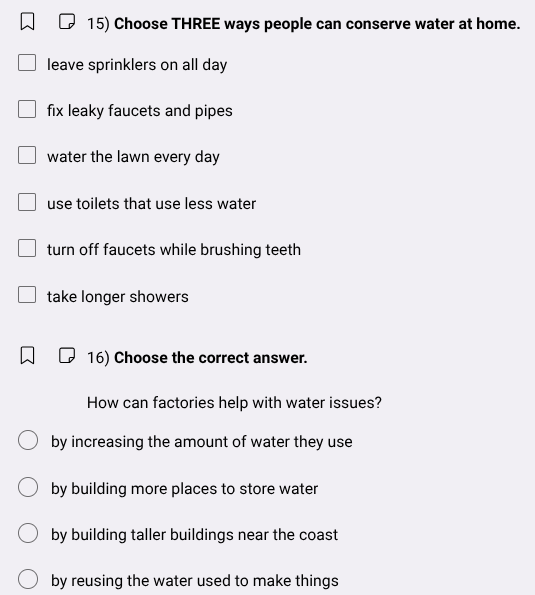 15) choose three ways people can conserve water at home. leave sprinkle…