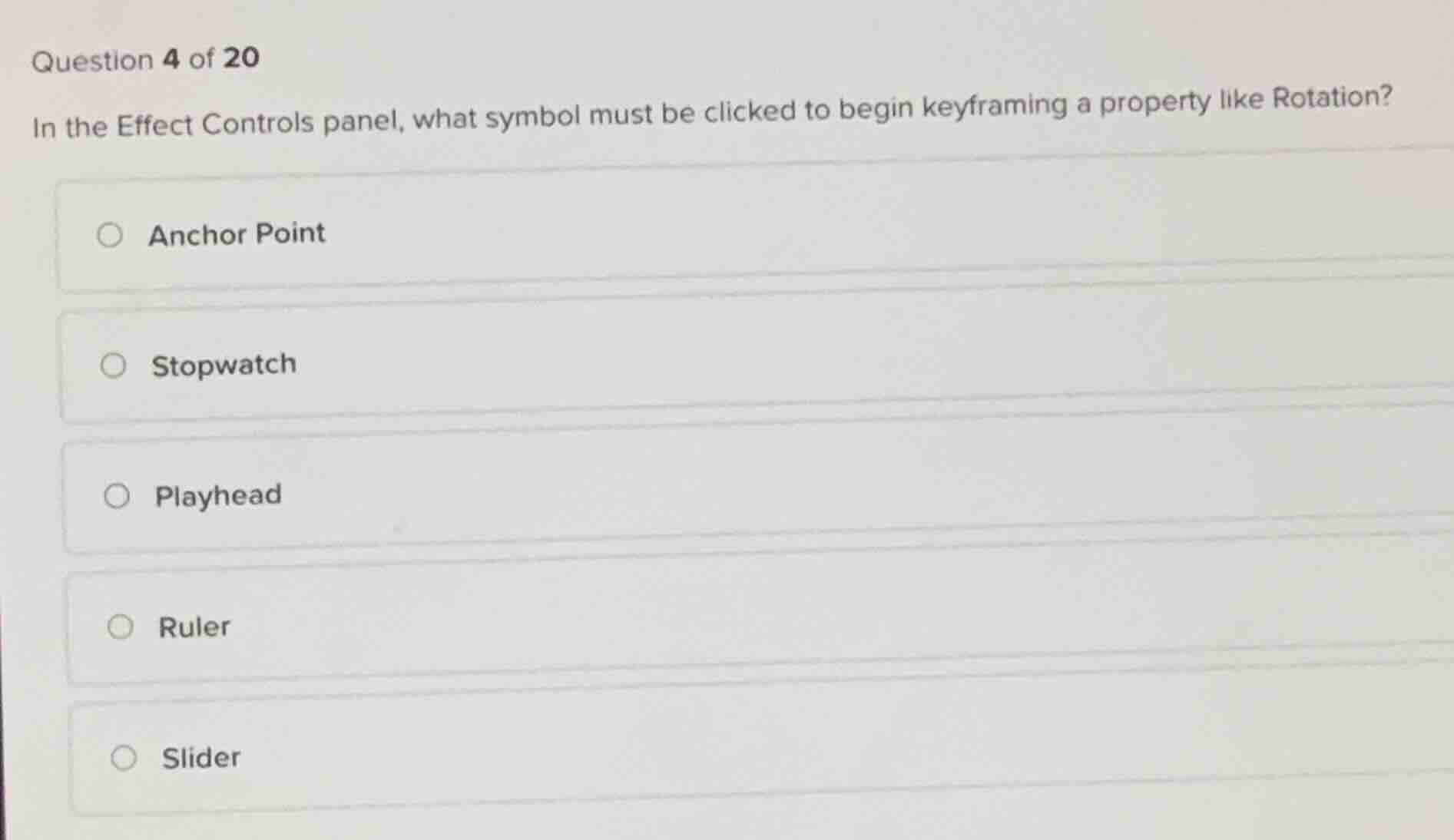 question 4 of 20 in the effect controls panel, what symbol must be clic…
