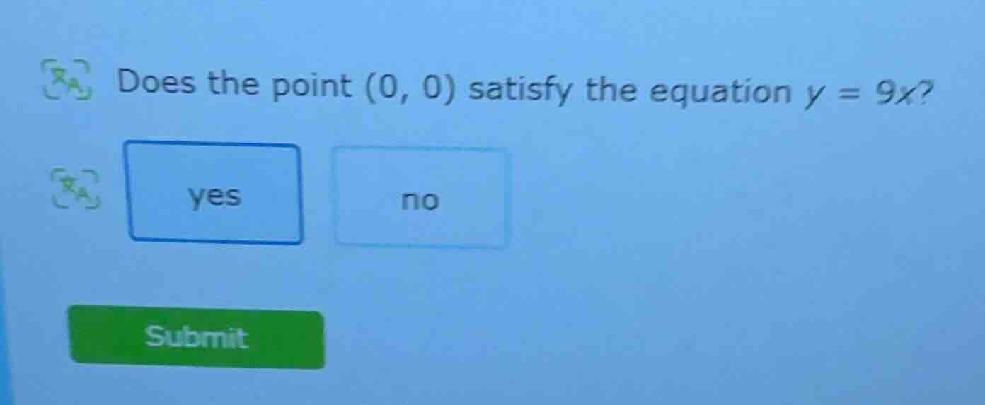 does the point (0, 0) satisfy the equation y = 9x? yes no submit