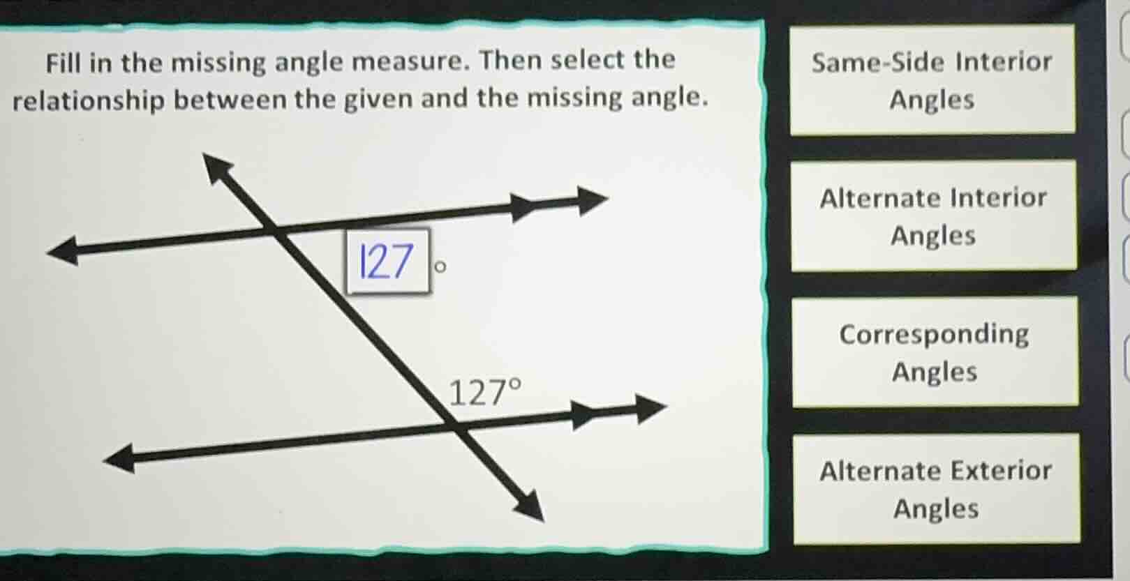 fill in the missing angle measure. then select the relationship between…