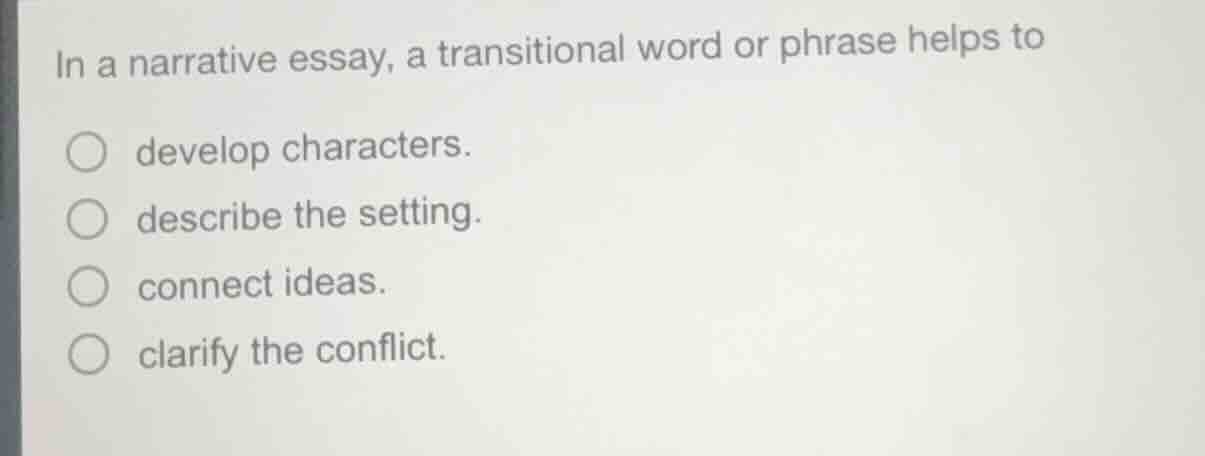 in a narrative essay, a transitional word or phrase helps to develop ch…