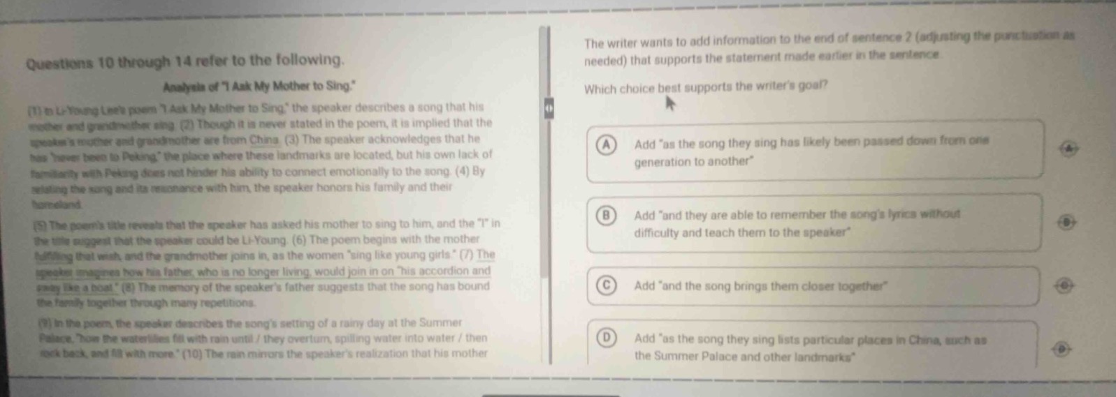 questions 10 through 14 refer to the following. analysis of “i ask my m…