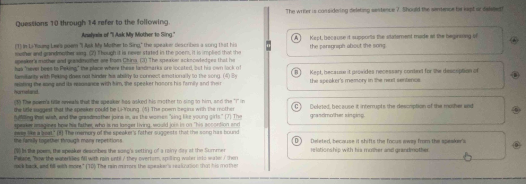 questions 10 through 14 refer to the following. analysis of “i ask my m…