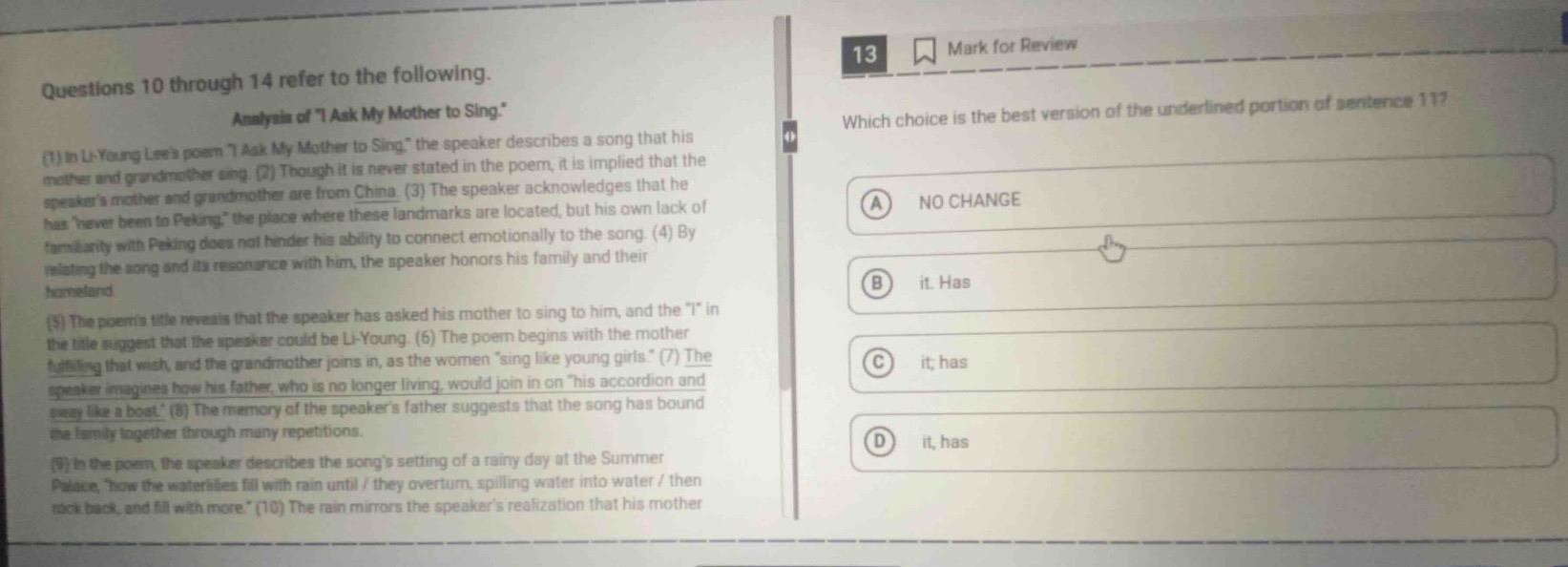 questions 10 through 14 refer to the following. analysis of “i ask my m…