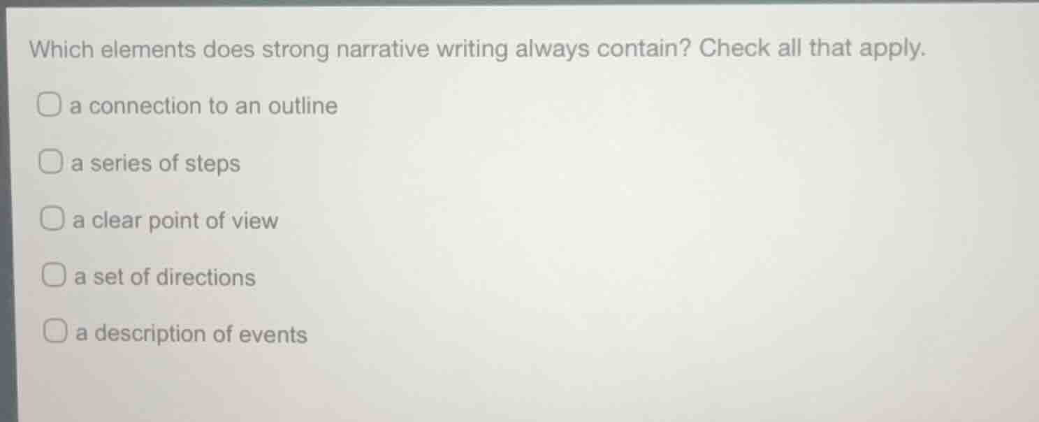 which elements does strong narrative writing always contain? check all …