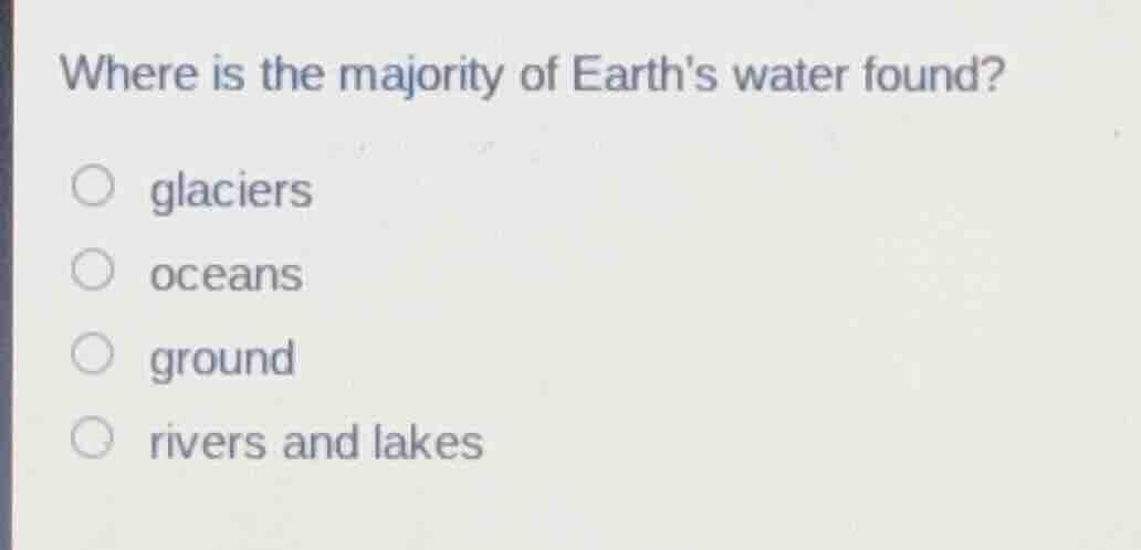 where is the majority of earths water found? glaciers oceans ground riv…