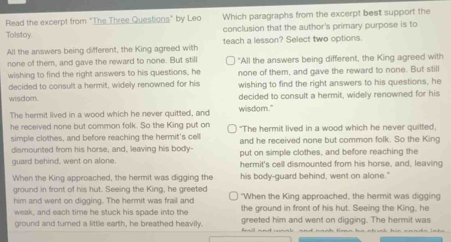read the excerpt from \the three questions\ by leo tolstoy. all the ans…