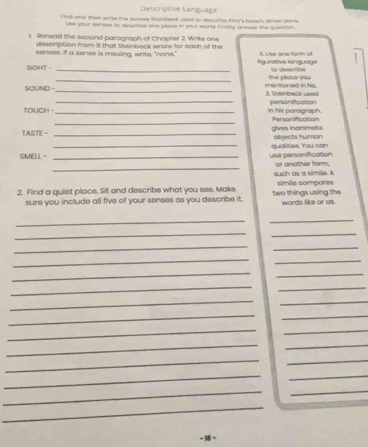 descriptive language find and then write the senses steinbeck used to d…