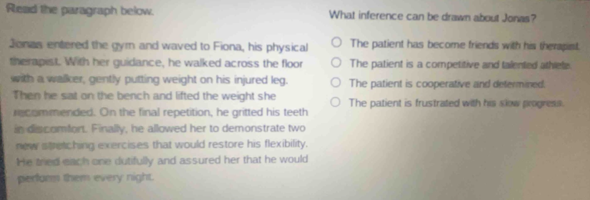 read the paragraph below. jonas entered the gym and waved to fiona, his…