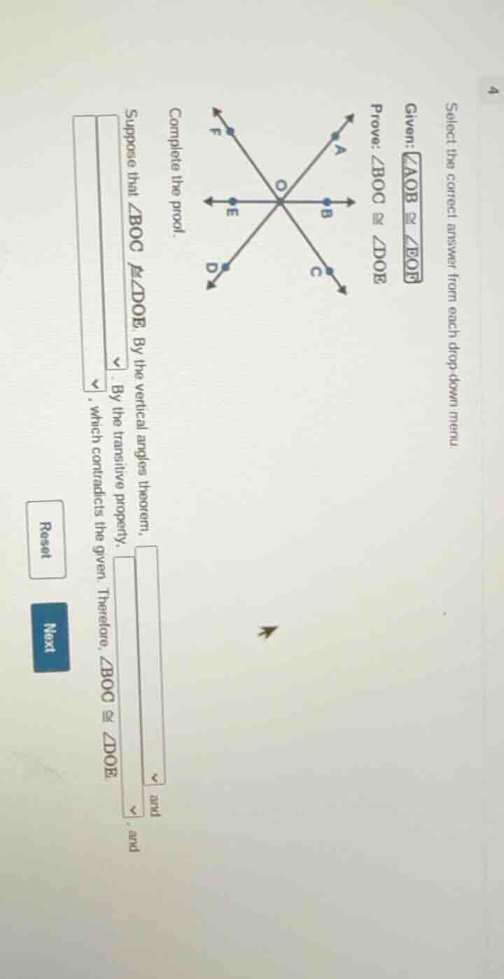 select the correct answer from each drop - down menu. given: \\(\\angle…