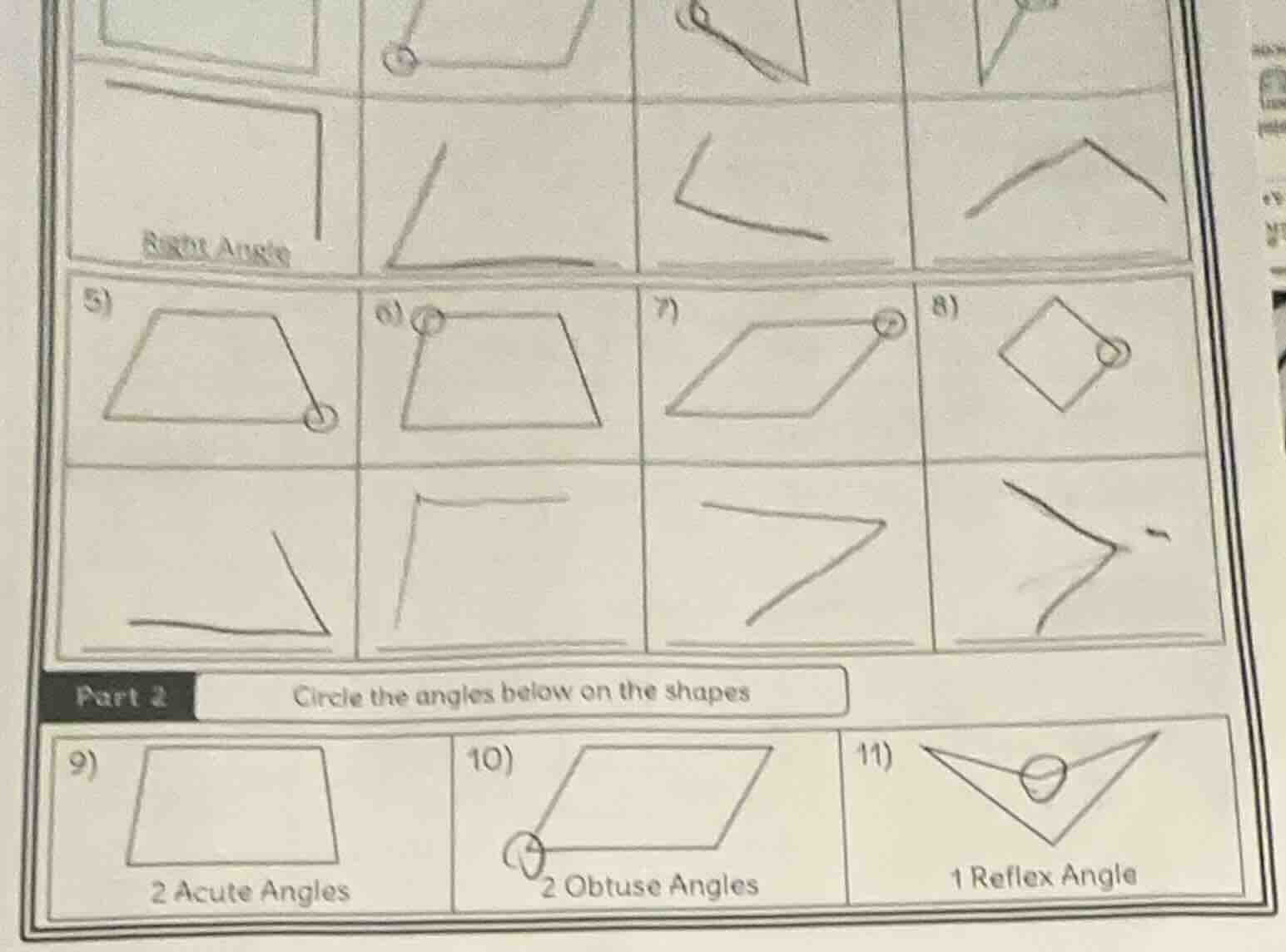 part 2 circle the angles below on the shapes 9) 2 acute angles 10) 2 ob…