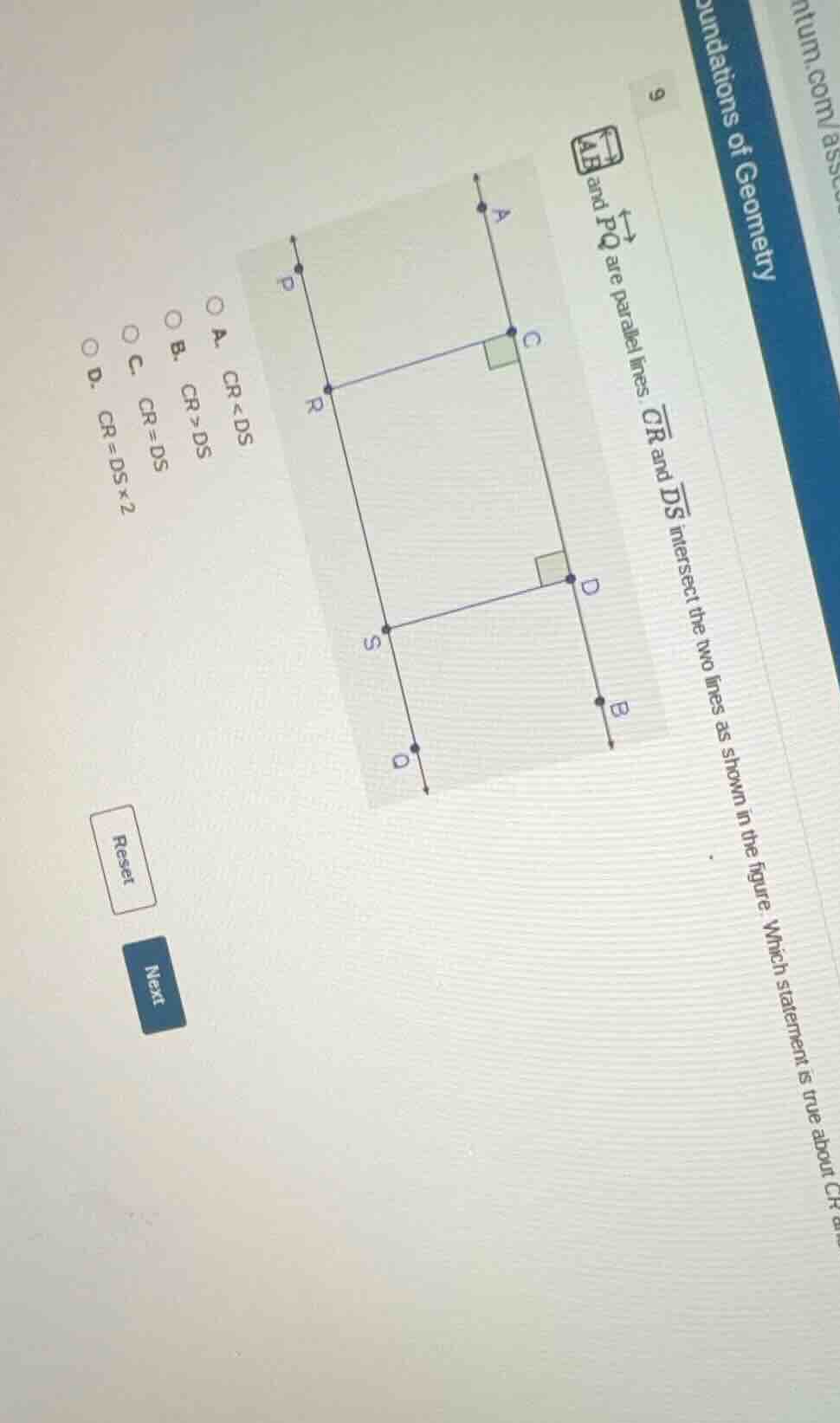 and ( overleftrightarrow{pq} ) are parallel lines. ( overline{cr} ) and…