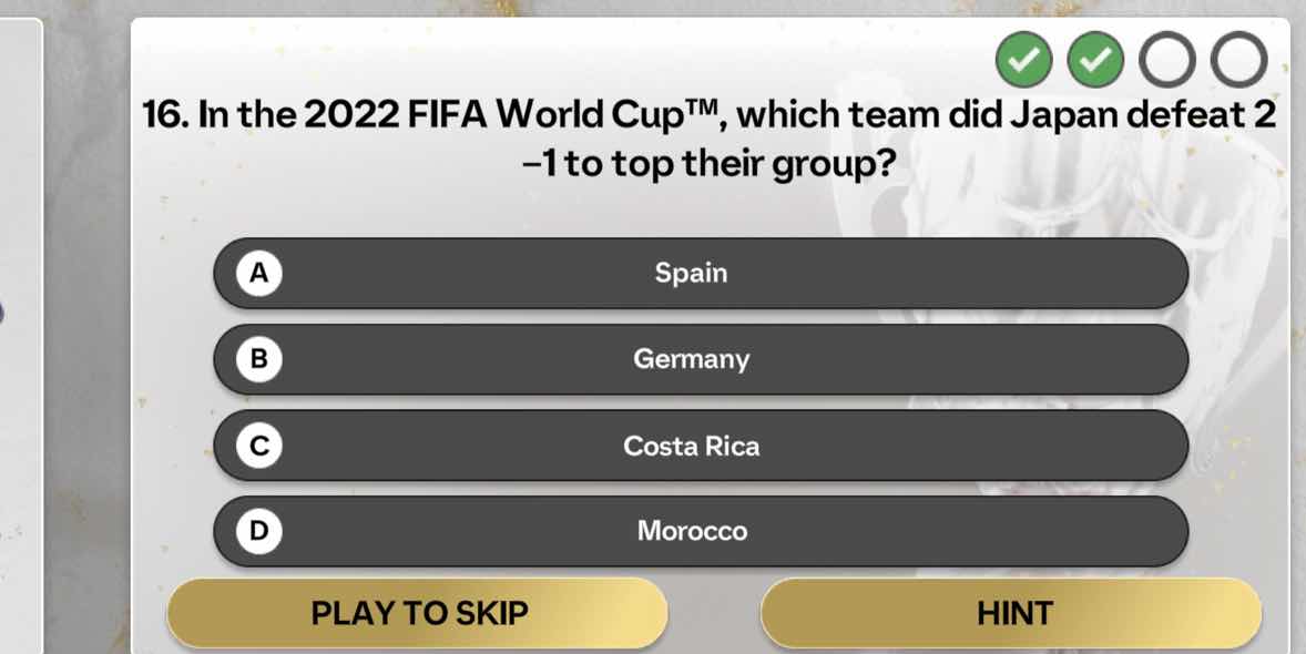 16. in the 2022 fifa world cup™, which team did japan defeat 2 –1 to to…