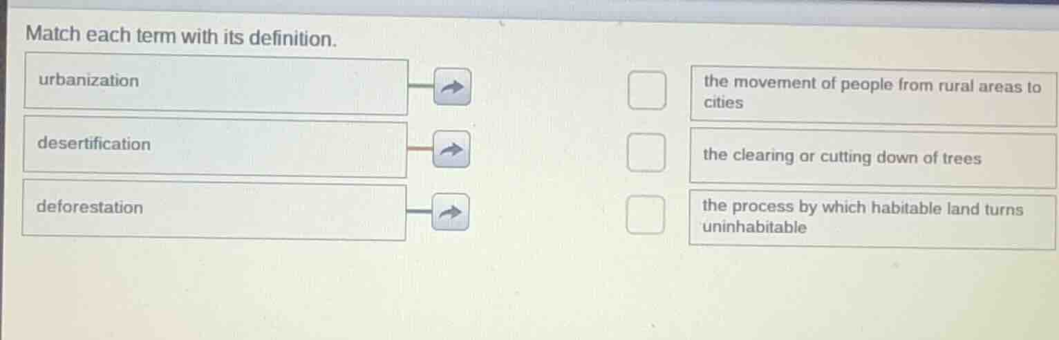 match each term with its definition. urbanization desertification defor…