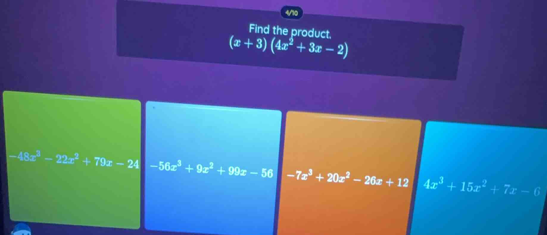 find the product. $(x + 3)\\left(4x^{2} + 3x - 2\ ight)$ $-48x^{3} - 22…