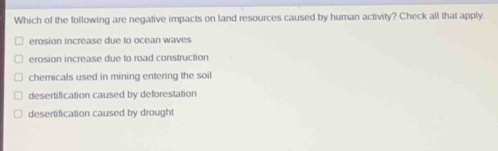 which of the following are negative impacts on land resources caused by…