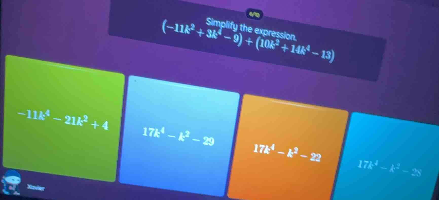simplify the expression.\\((-11k^{2}+3k^{4}-9)+(10k^{2}+14k^{4}-13)\\)\…
