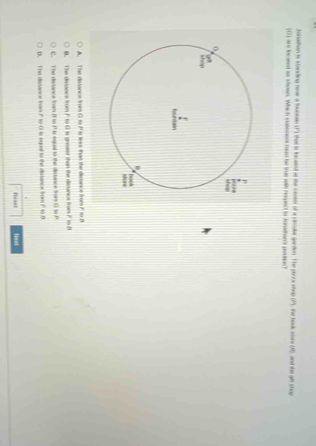 jonathan is planning to use a fountain (f) that is located at the cente…