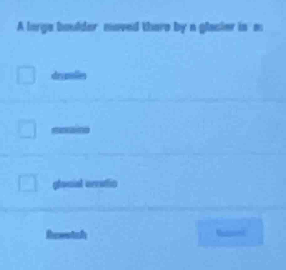 a large boulder moved there by a glacier is a: - drumlin - moraine - gl…