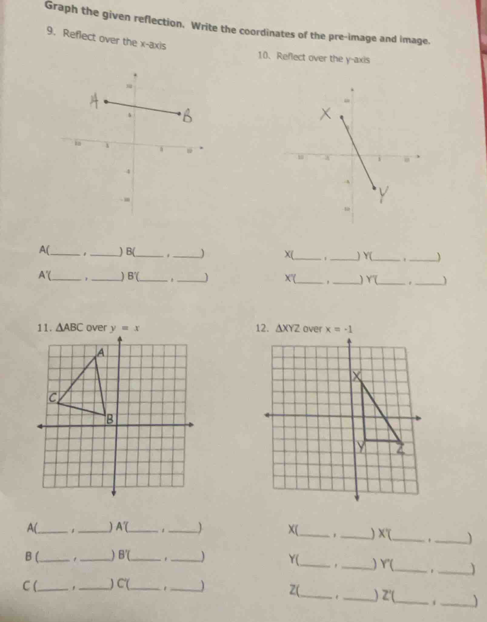 graph the given reflection. write the coordinates of the pre - image an…