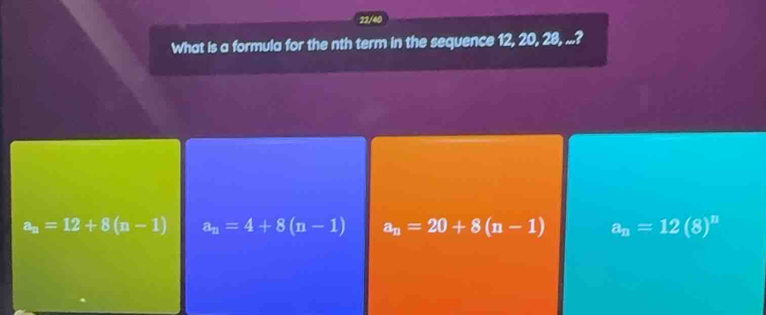 what is a formula for the nth term in the sequence 12, 20, 28, ...? $a_…