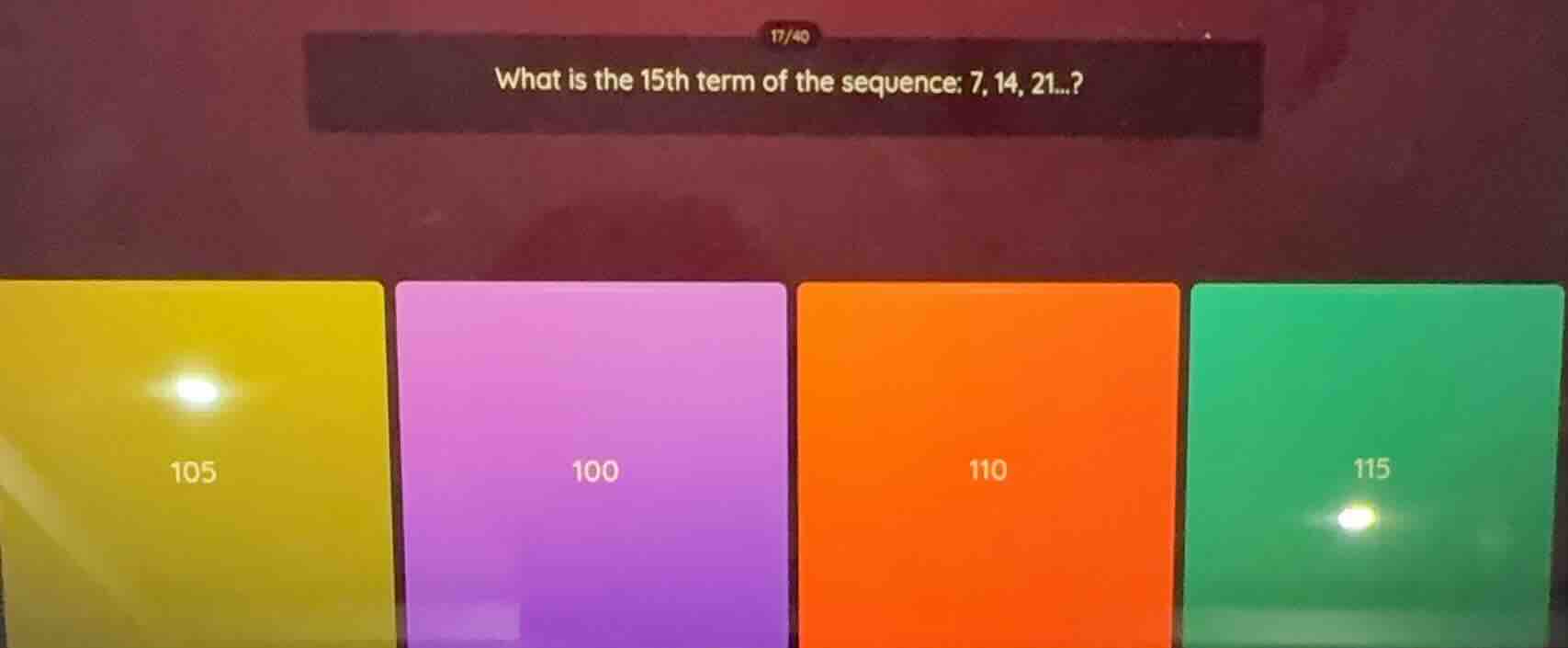 what is the 15th term of the sequence: 7, 14, 21...? 105 100 110 115