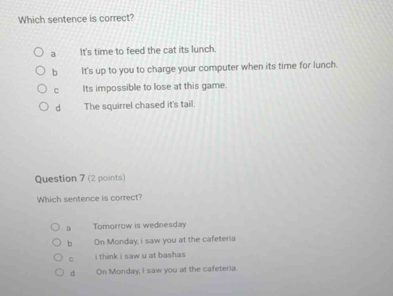 which sentence is correct? a it’s time to feed the cat its lunch. b it’…