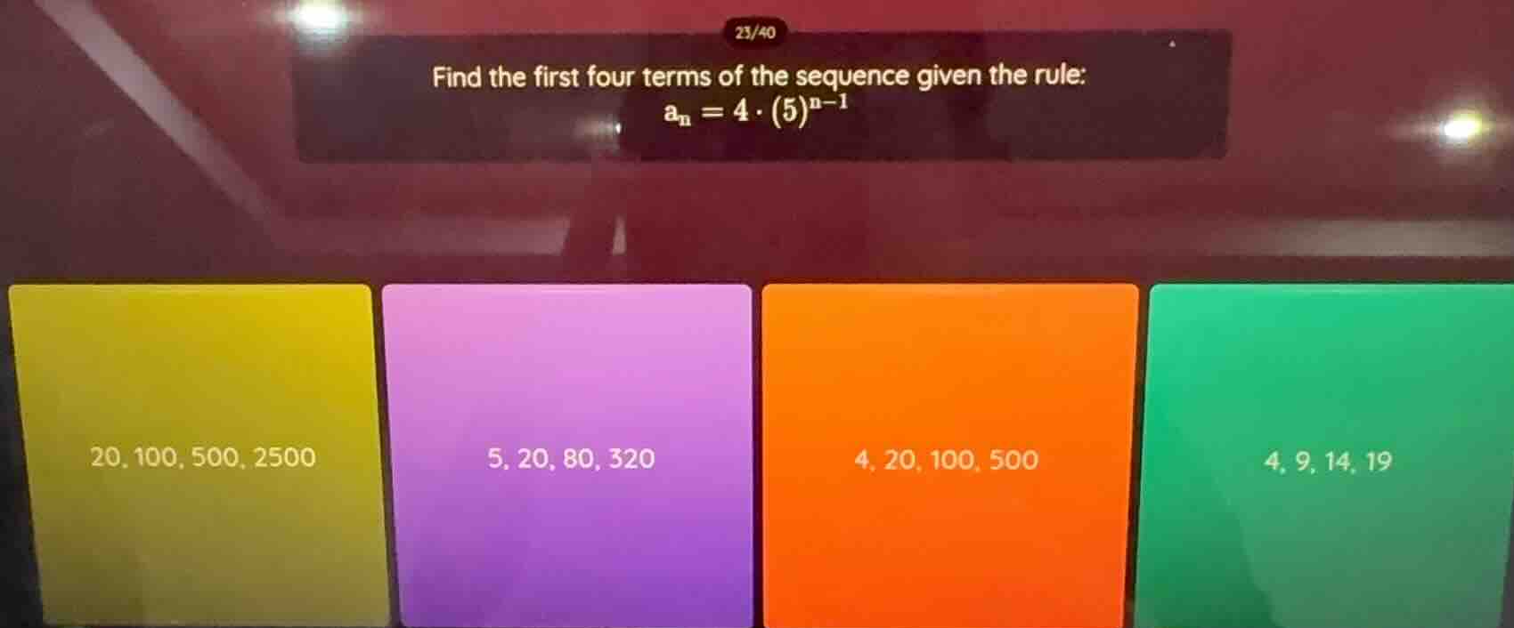 find the first four terms of the sequence given the rule: $a_{n} = 4 \\…