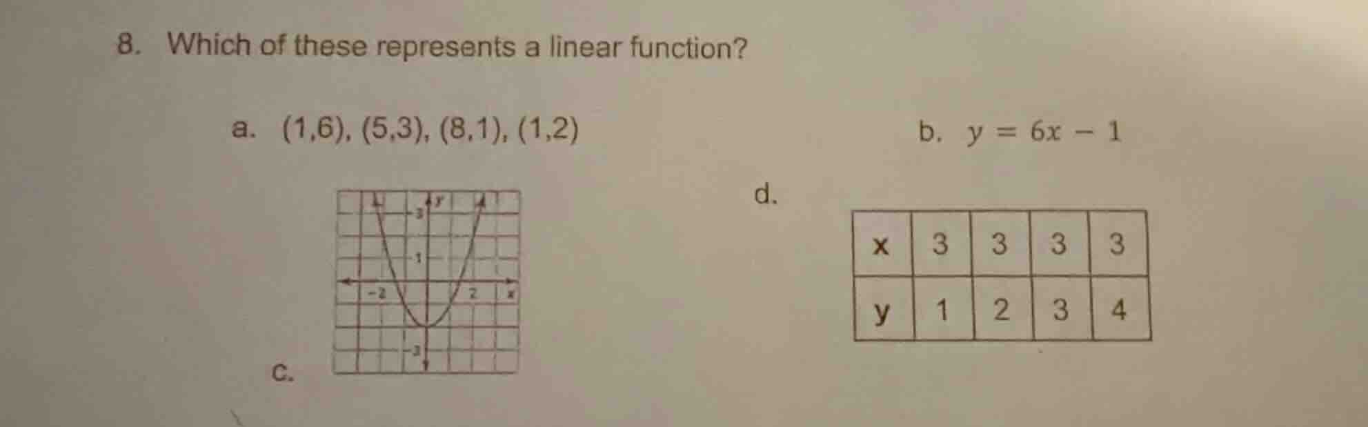 8. which of these represents a linear function? a. (1,6), (5,3), (8,1),…