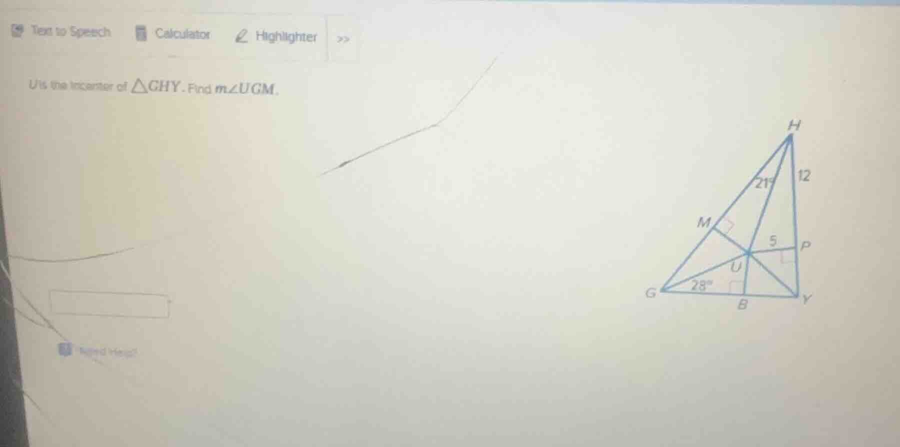 u is the incenter of \\(\\triangle ghy\\). find \\(m\\angle ugm\\).