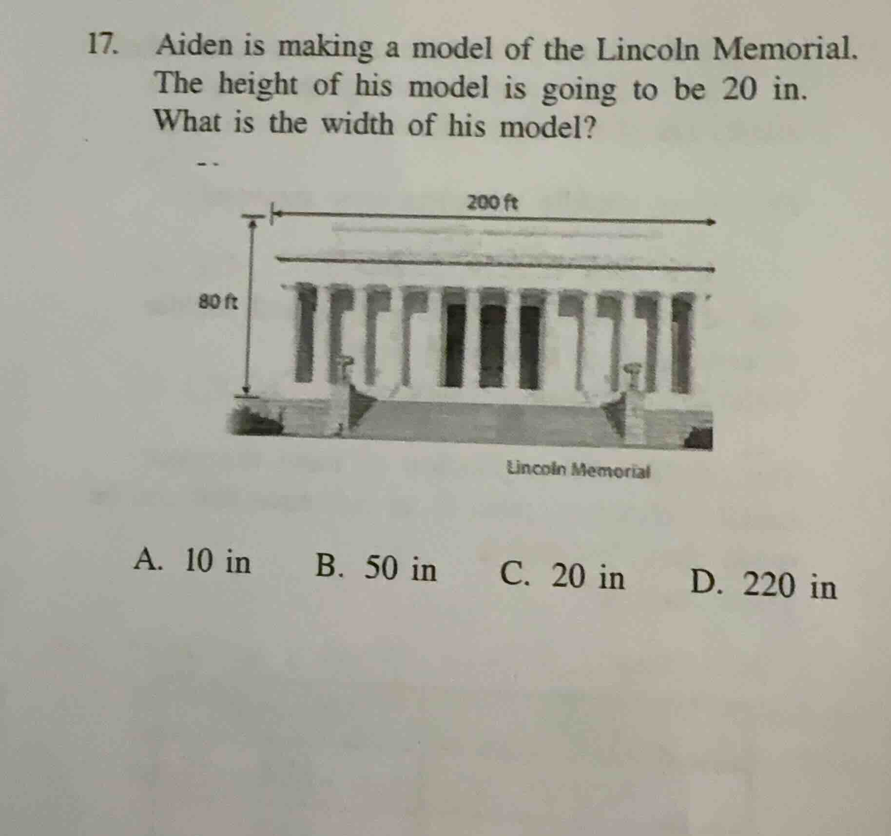 17. aiden is making a model of the lincoln memorial. the height of his …