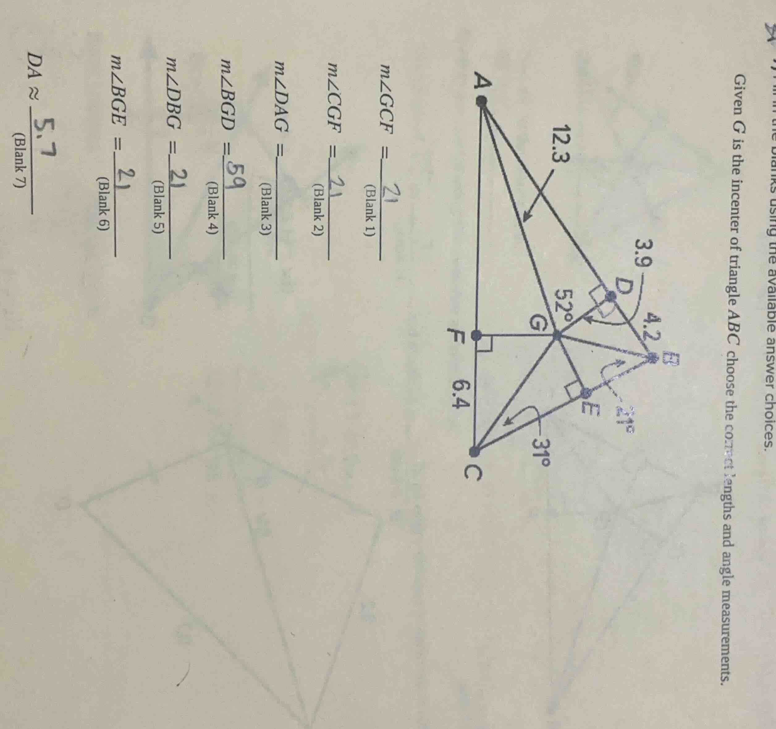 given g is the incenter of triangle abc choose the correct lengths and …