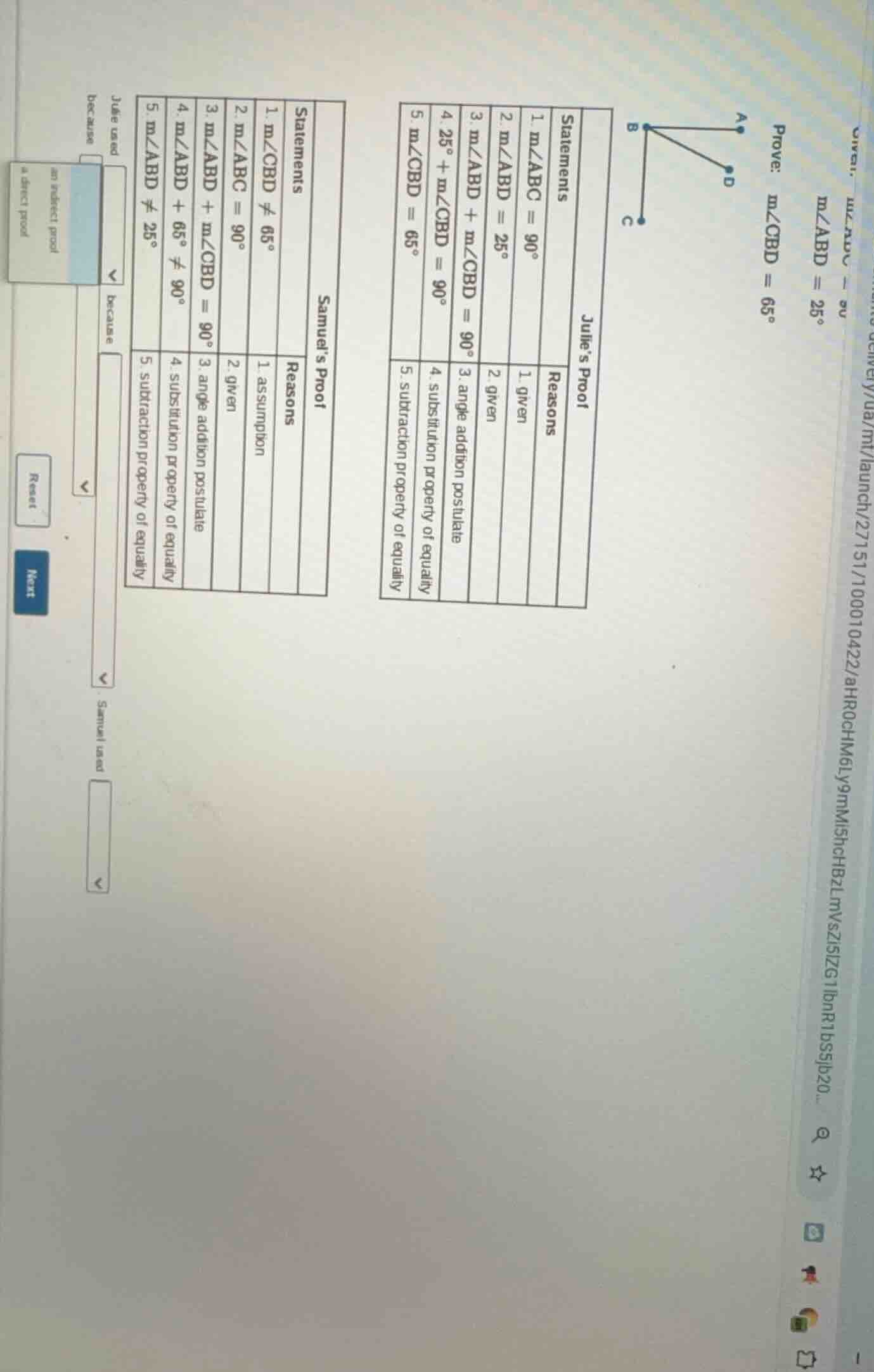 given: ( mangle abd = 25^circ ) prove: ( mangle cbd = 65^circ ) julie’s…