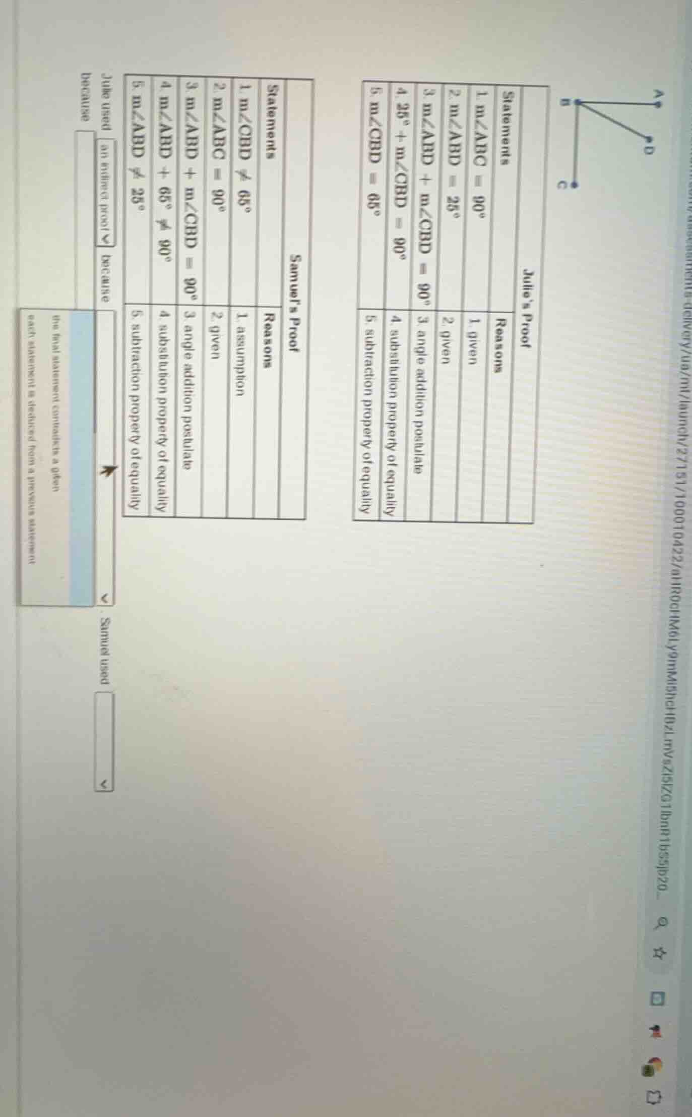 julie’s proof statements 1. ( mangle abc = 90^circ ) 2. ( mangle abd = …