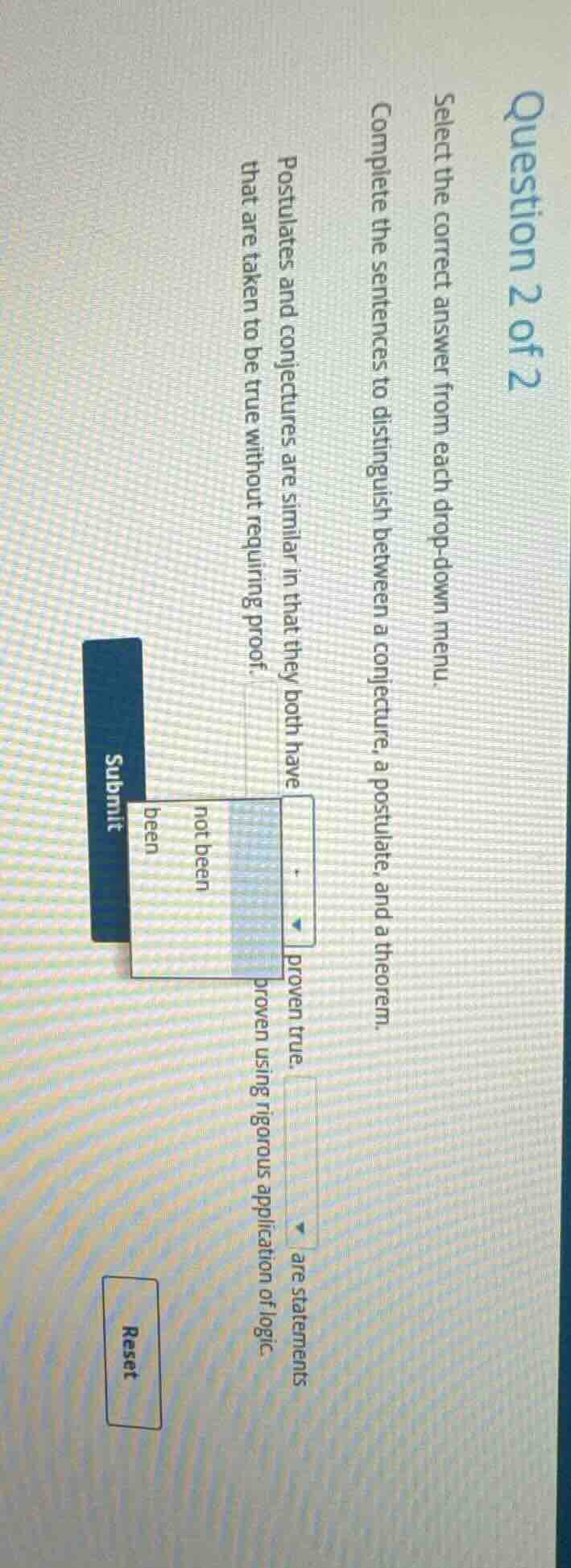 question 2 of 2 select the correct answer from each drop - down menu. c…