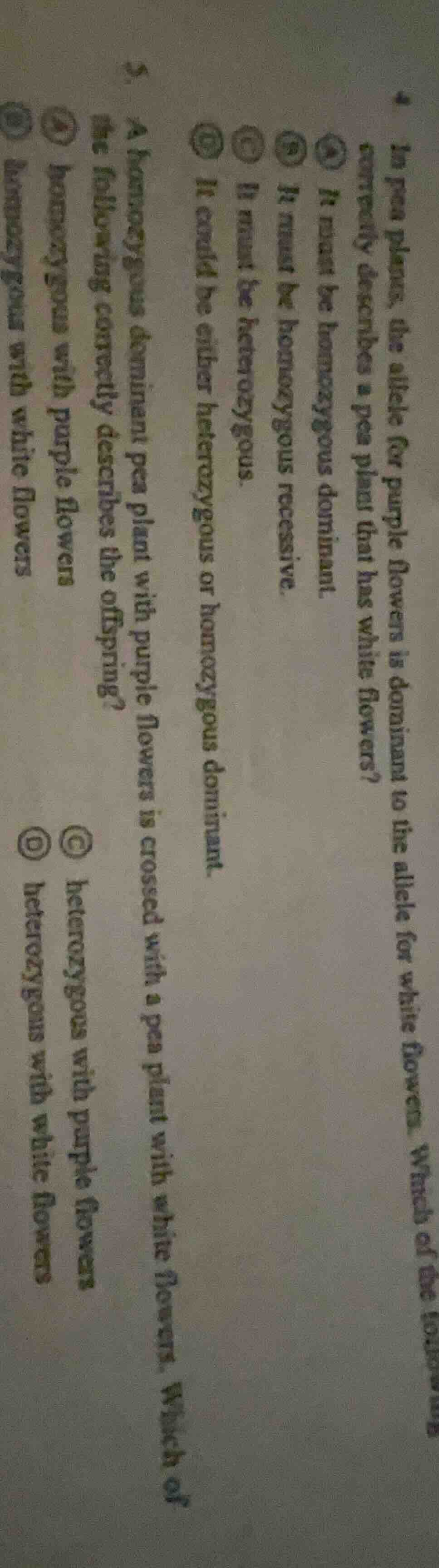 4. in pea plants, the allele for purple flowers is dominant to the alle…