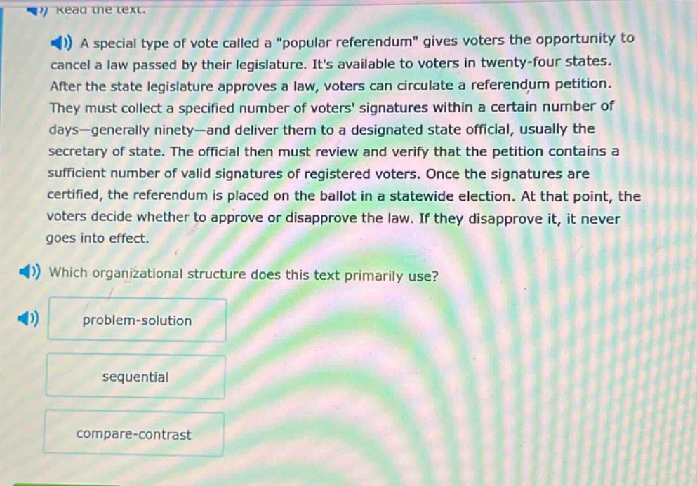 read the text. a special type of vote called a \popular referendum\ giv…
