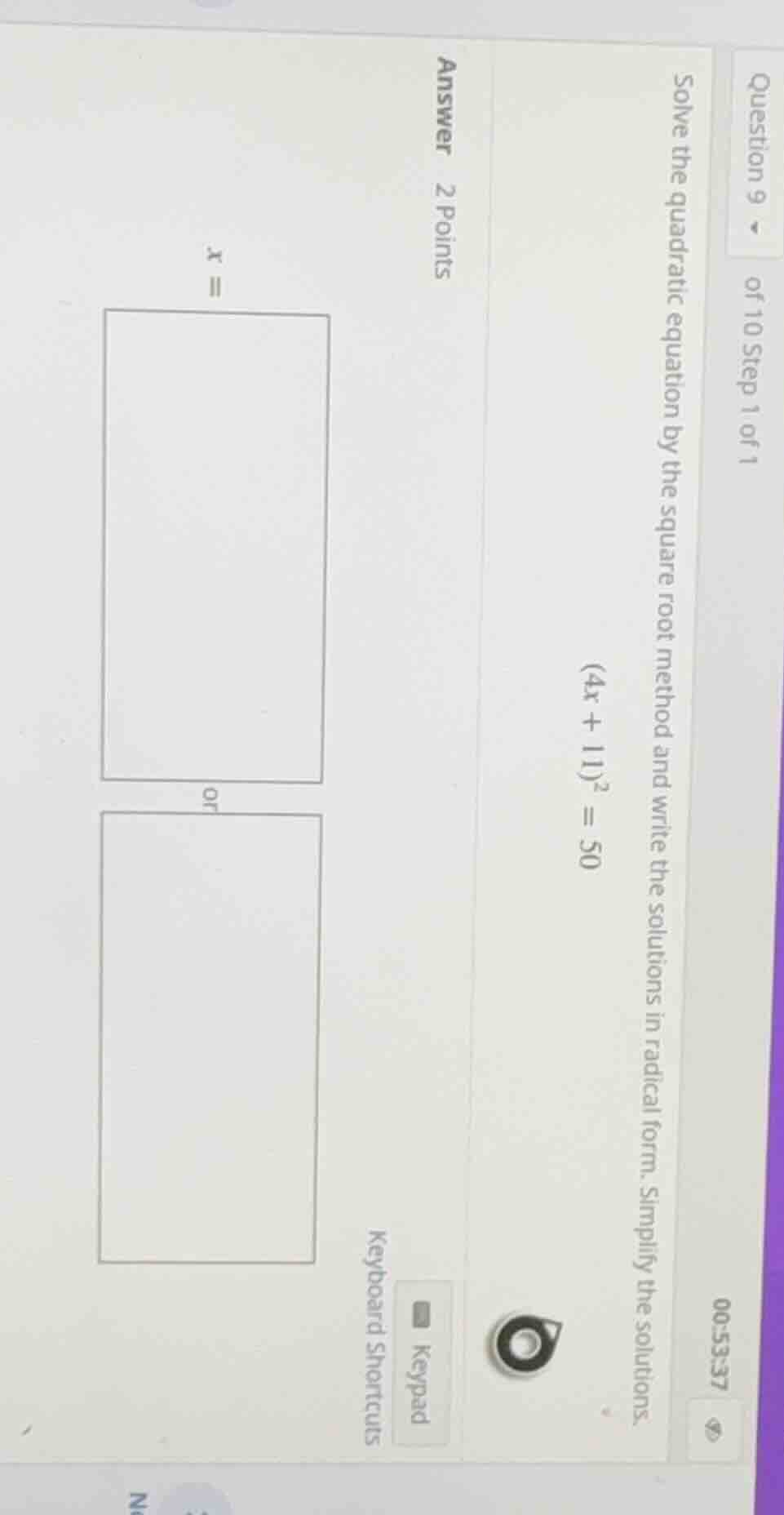 question 9 of 10 step 1 of 1 solve the quadratic equation by the square…