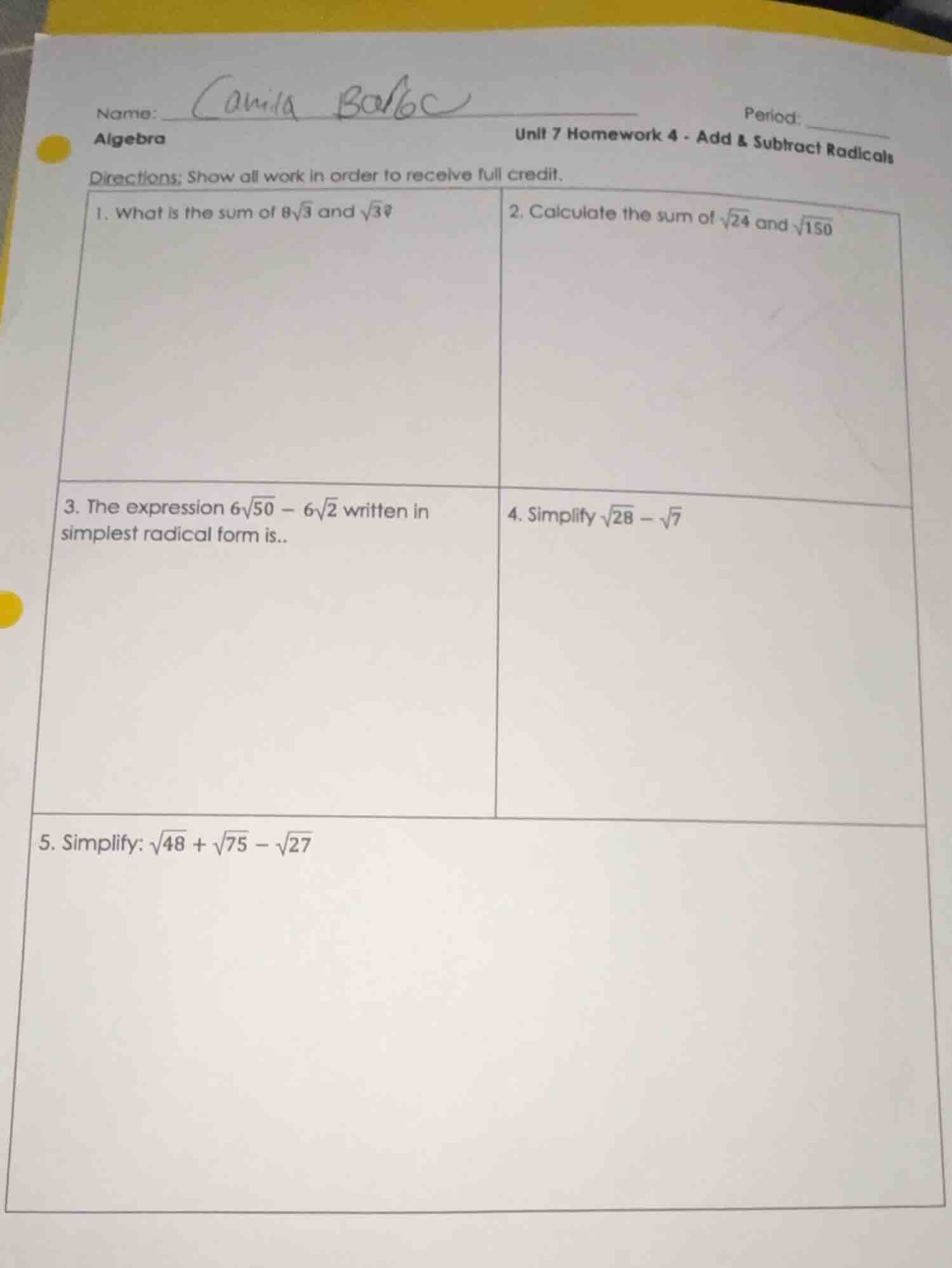 name: camila balbc period: algebra unit 7 homework 4 - add & subtract r…